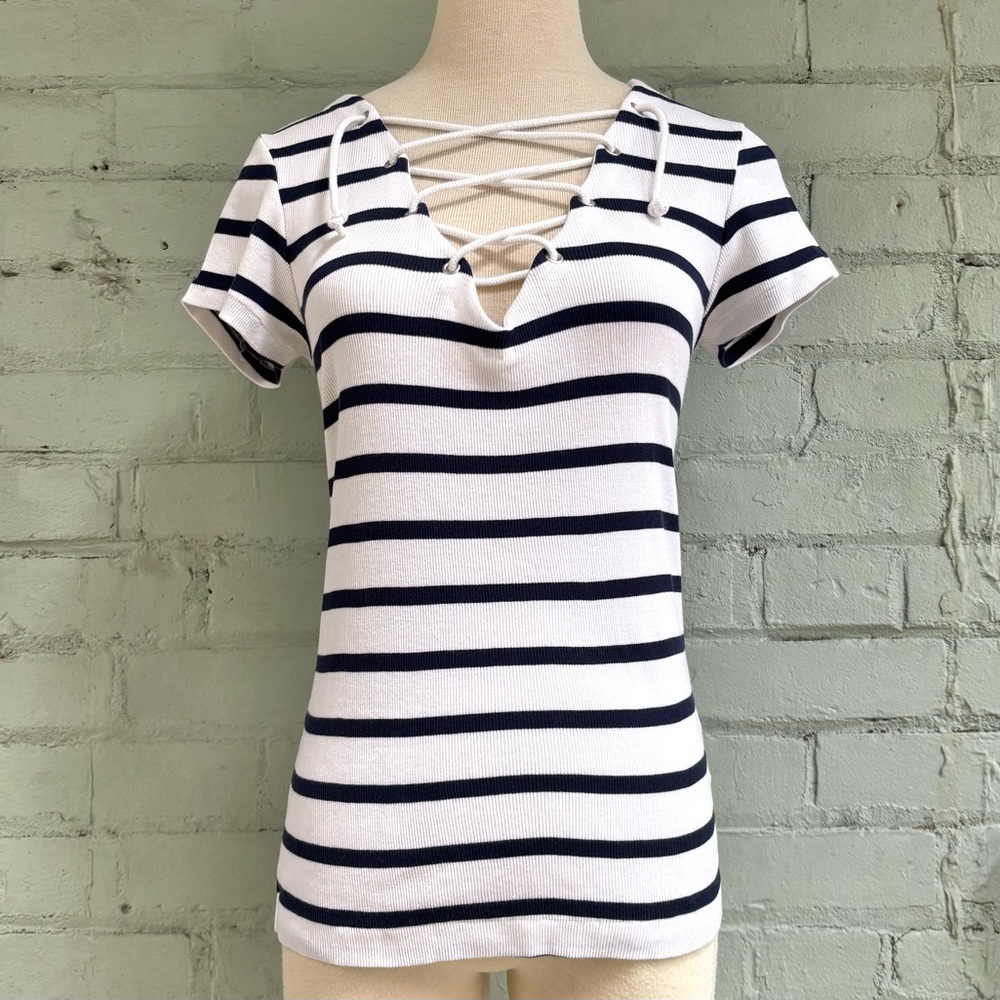 Navy Striped Short Sleeve Nautical T-shirt with Lace Up Neckline